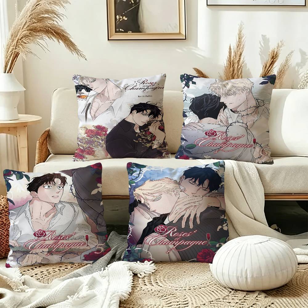 Korean Manhua Roses And Champagne Pillowcase Toon Gift Cushion Cover Bedroom Home Sofa Chair Seat Decor Pillow Case