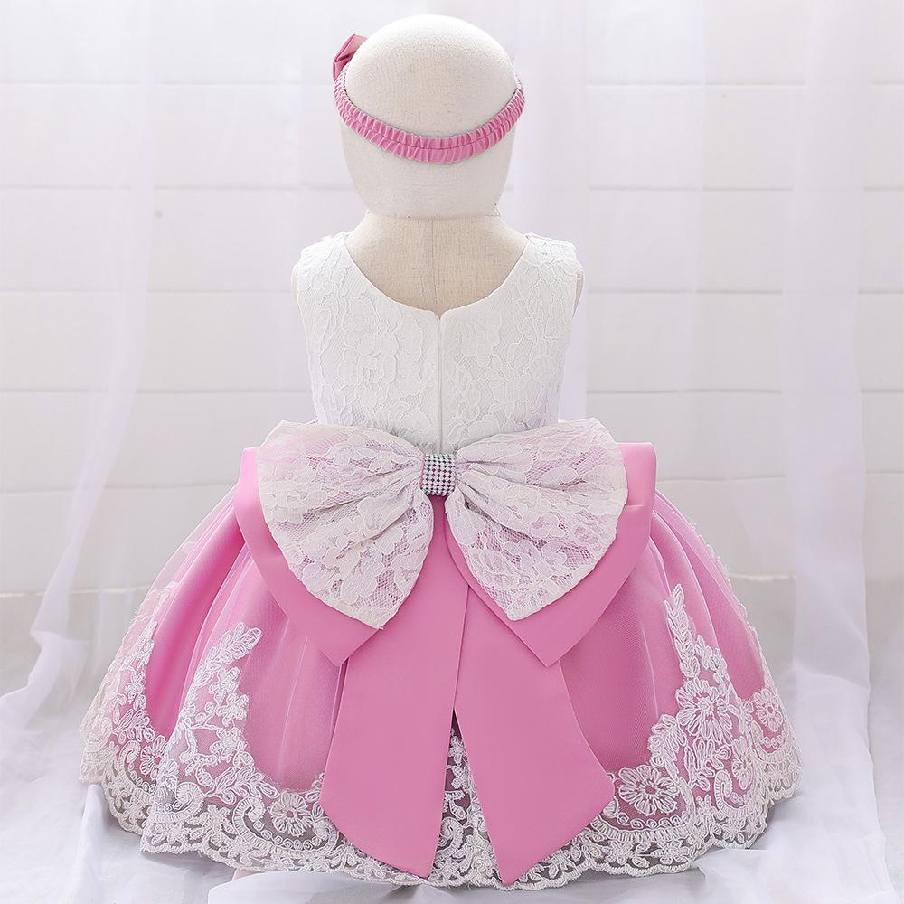 Children's Lace Color Block Birthday Bow Dress