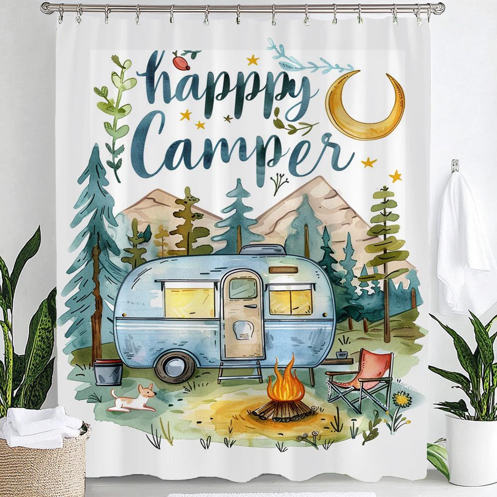 Happy Campers Cartoon Printing Shower Curtain Bathroom Decoration Curtain,Hanging Curtain With Hooks Machine Washable