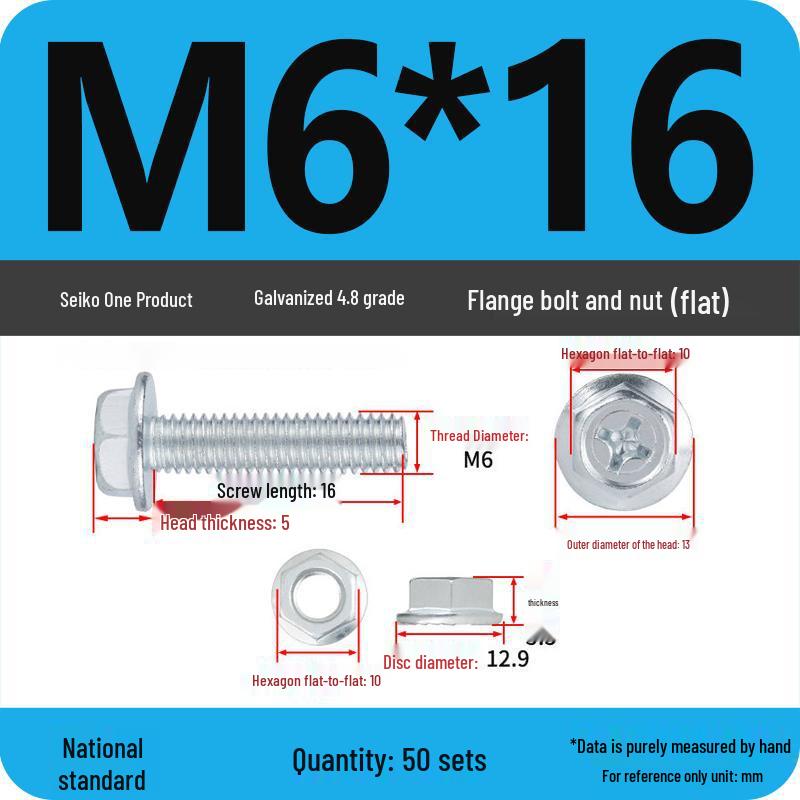 4.8 Grade Galvanized Hex Bolt Set with Anti-slip Washer & Nut, Cross Flange Head, M4/M5/M6/M8mm