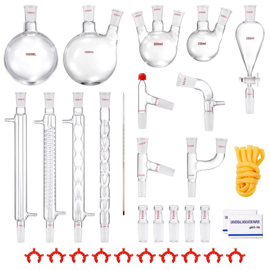 Lab Distillation Kit, 3.3 Boro Lab Glassware Distillation Kit with 24, 40 Joint, 1000ml Essential Oil Distillation Apparatus Kit, 32 pcs Set of