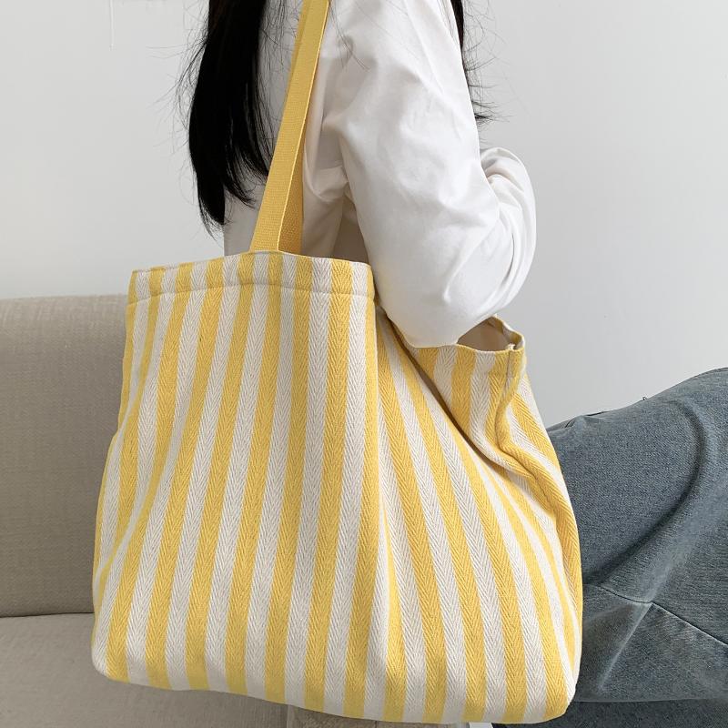 1Pcs Female Daily Shopping Bags Simple Striped Women'S Canvas Casual Shoulder Bags Fashion Large Capacity Ladies Tote Handbags