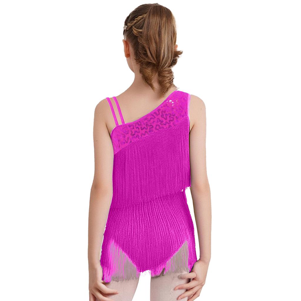 Mädchen Modernes Standardtanzkostüm Ärmellos Stufige Quasten Body Asymmetrisches Design Latein Salsa Tanzbekleidung