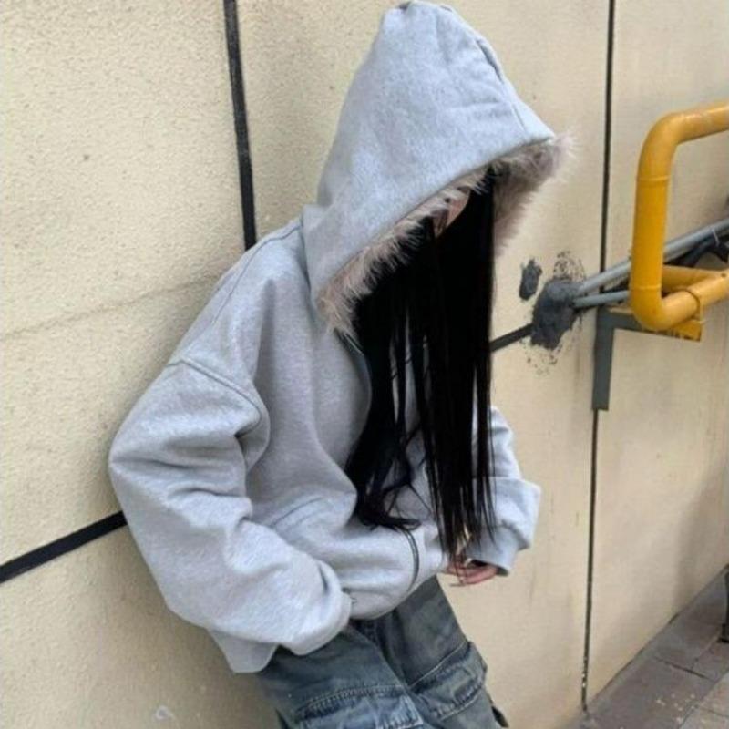 

2KWEIRD Харадзюку Повседневные Толстовки с капюшоном в стиле пэчворк из меха для женщин Эстетика Y2k Свободные с карманом Уличная одежда Пальто Гранж Осенние Толстовки M серый