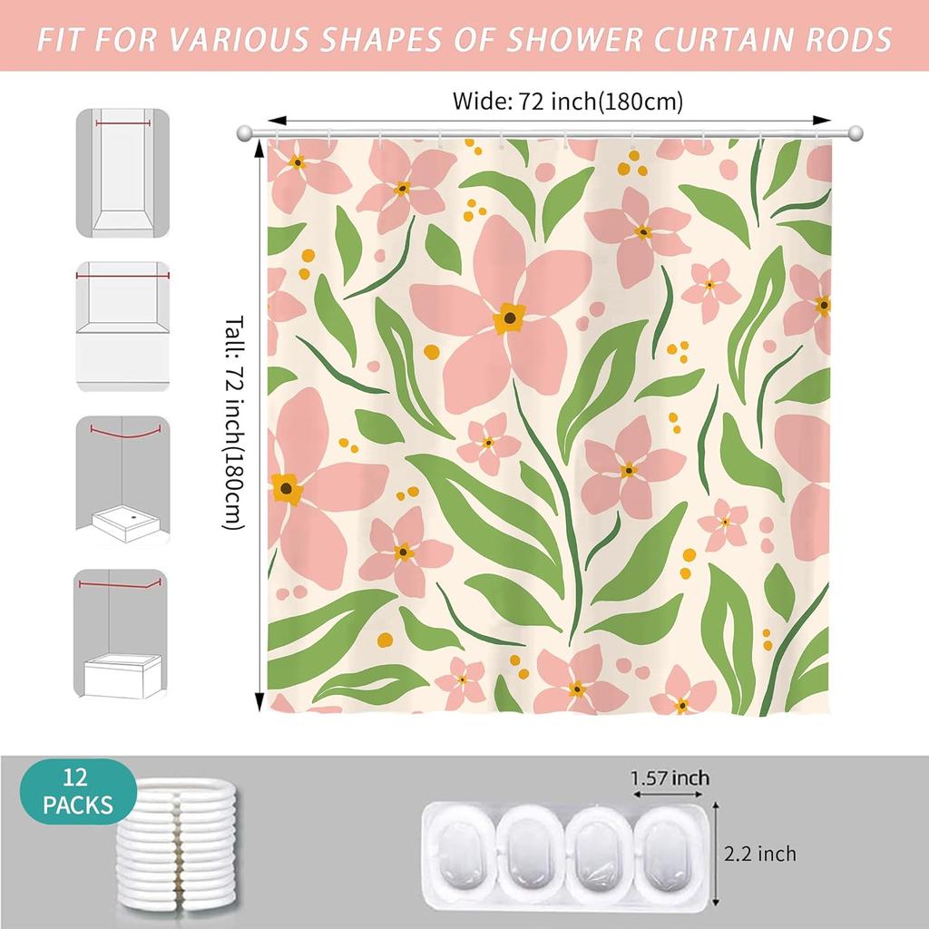 Pink Floral Shower Curtain Pastel Flowers Green Leaves Spring Design Boho Bathroom Decor Nature Inspired Bath Linen