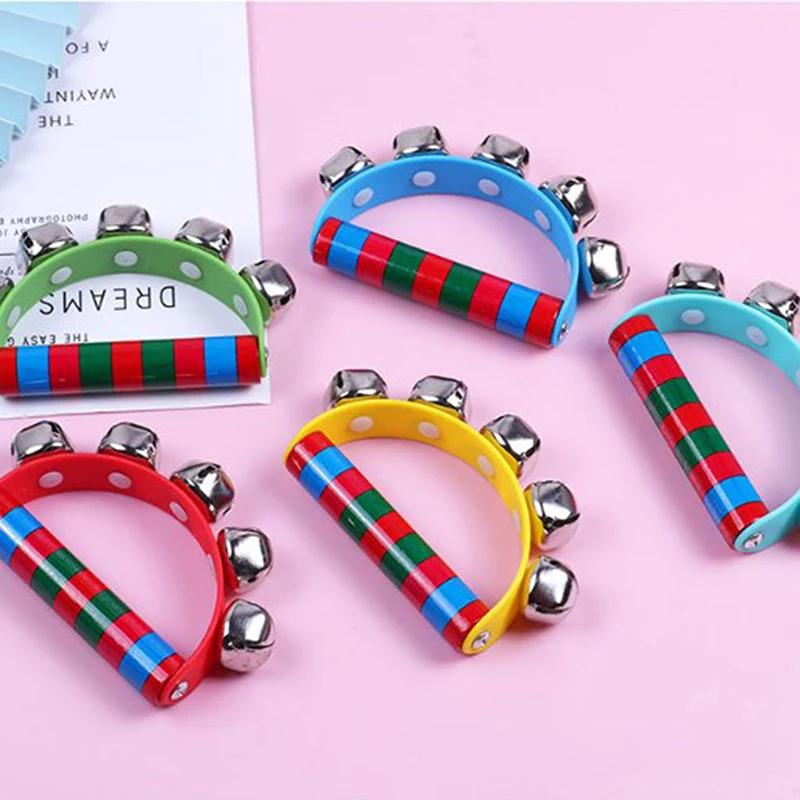 1PC Children's Intellectual Props Handbell Hand Bells With 5 Jingle Bells Wood Handle Musical Instrument Toy For Music Class