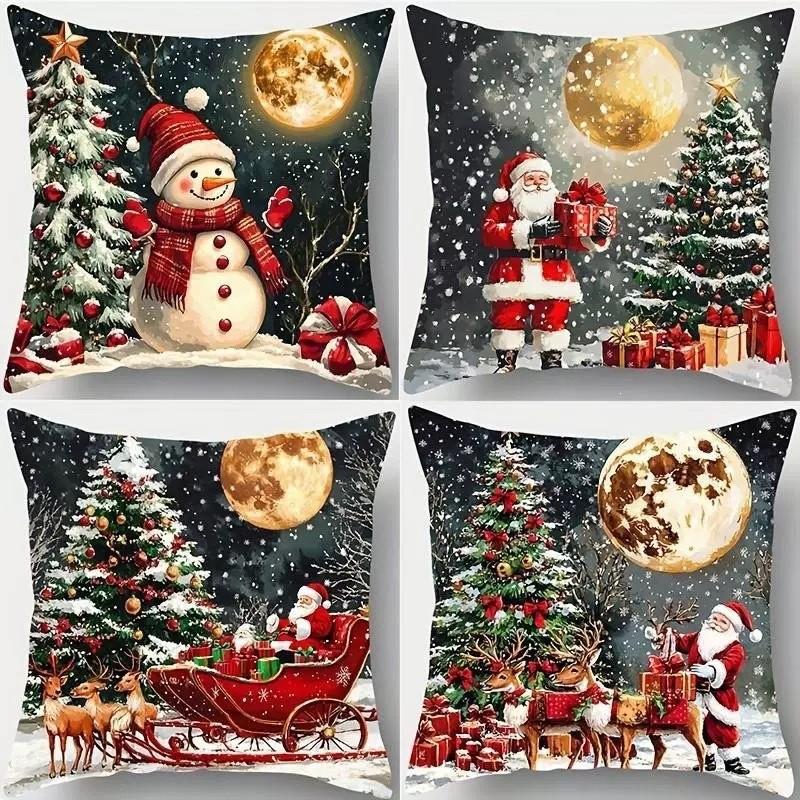 Set of 4 Holiday Christmas Pillow Covers, Featuring Gingerbread Men, Snowmen, And Santa Claus Designs, Perfect for Decorating Sofas And Bedrooms