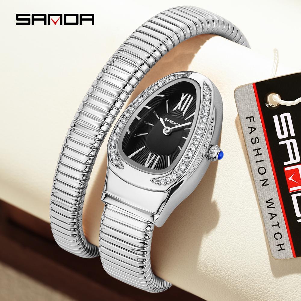 SANDA Fashion Women's Quartz Watch Serpentine Inlaid Diamond Women's Watch Retro Light Luxury Women's Quartz Watch