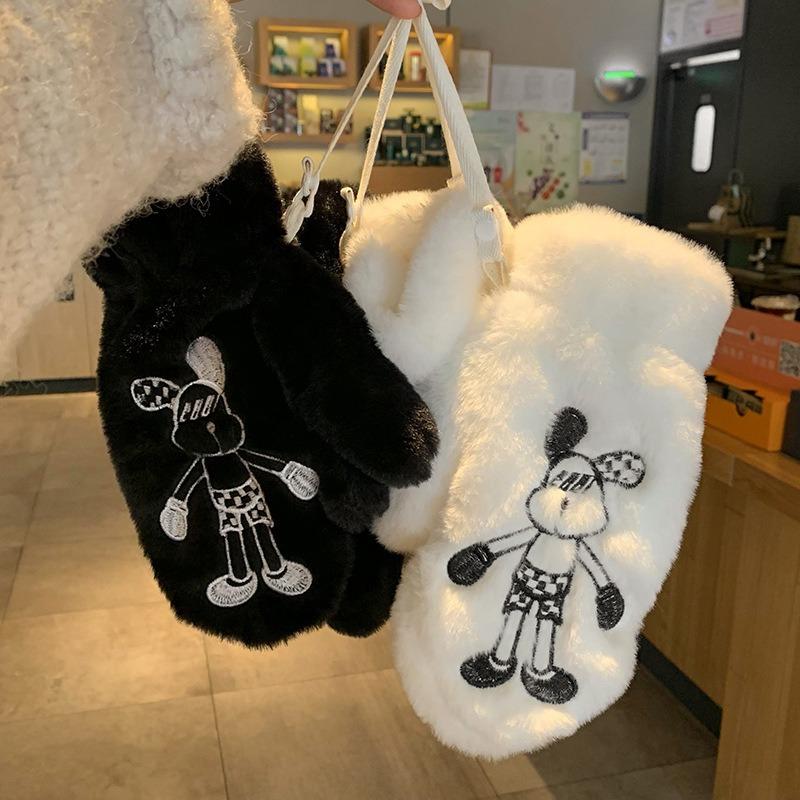 Cute plush gloves for women, warm in autumn and winter, plush hanging neck, white even finger outdoor riding student
