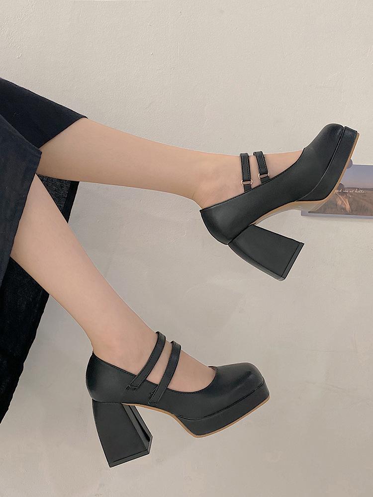 One Word with High Heels Single Shoes Women's 2025 Spring New Korean Version Platform Thick Heel Square Head French Retro Mary Jane Shoes Tide