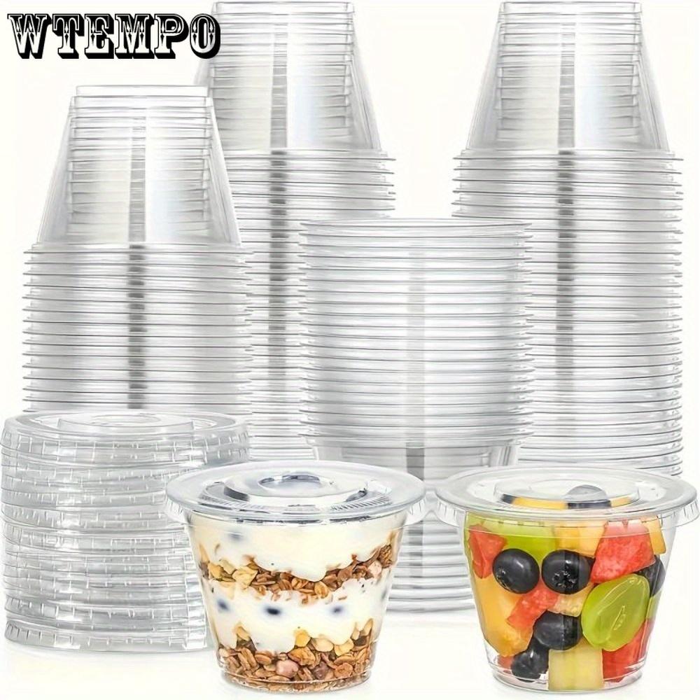 100pcs 9 Oz Clear Plastic Cups with Flat Lids No Hole Disposable Cups with Lids Clear Mini Dessert Cups Plastic Packaging Box Pastry Boxes