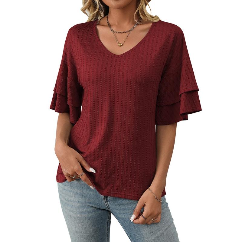 Women's Solid Color V-Neck Lotus Leaf Sleeve Short Sleeve T-Shirt Top Women