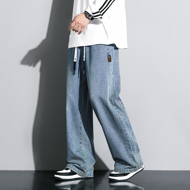 Jeans American Street Retro Elastic Waist Denim Men's Loose Straight Wide-leg Trousers