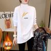 Women's Mid-Length White Cotton Long-Sleeve T-Shirt, Autumn/Winter Style, Semi-High Neck, Loose Fit, Base Layer, Covers Buttocks, Trendy Design.