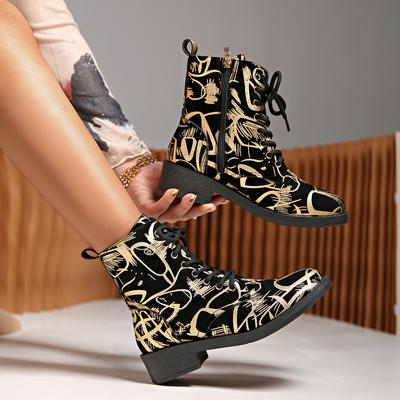 Autumn Winter Plus Size Women's PU Printed Short Boots Comfortable Warm Round Headed Thick Soled Martin Boots Shoes 35-43