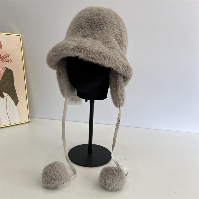

Solid color ball plush ear protector strap bucket hat female autumn and winter cycling warm child M（56-58cm） сірий колір