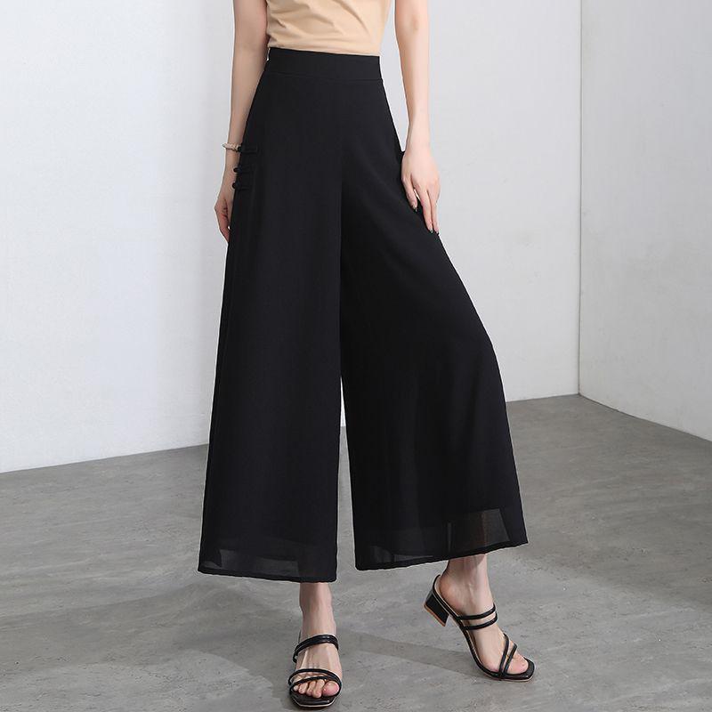 Women s High-Waisted Chiffon Drape-Skirt, Cropped Wide-Leg, Double-Layer Slit Pants, Summer 2026 Style M 45-50kg