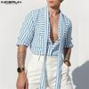 INCERUN Men Lapel Deep V Neck Long Sleeve Striped Print Casual Lace-up Shirts Tops