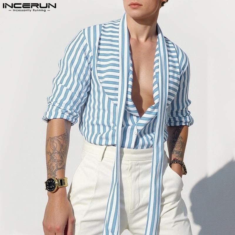 INCERUN Men Lapel Deep V Neck Long Sleeve Striped Print Casual Lace-up Shirts Tops