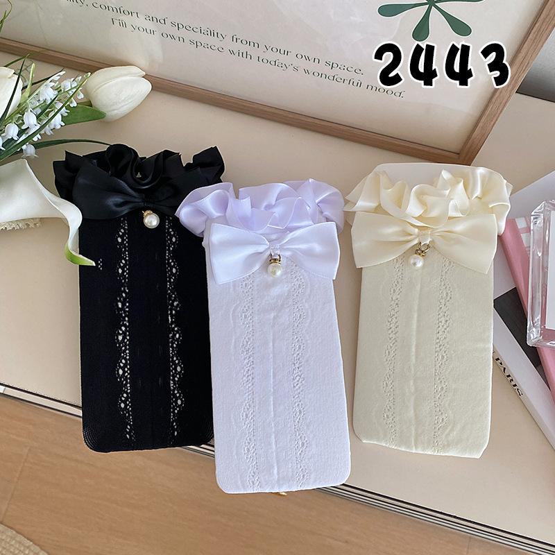 Spitzensocken für Damen im Sommer, dünne Lolita-Schleifen-Spitzen-Wadenlange Socken, herzförmiger Ausschnitt an der Seite, gerafftes langes Rohr