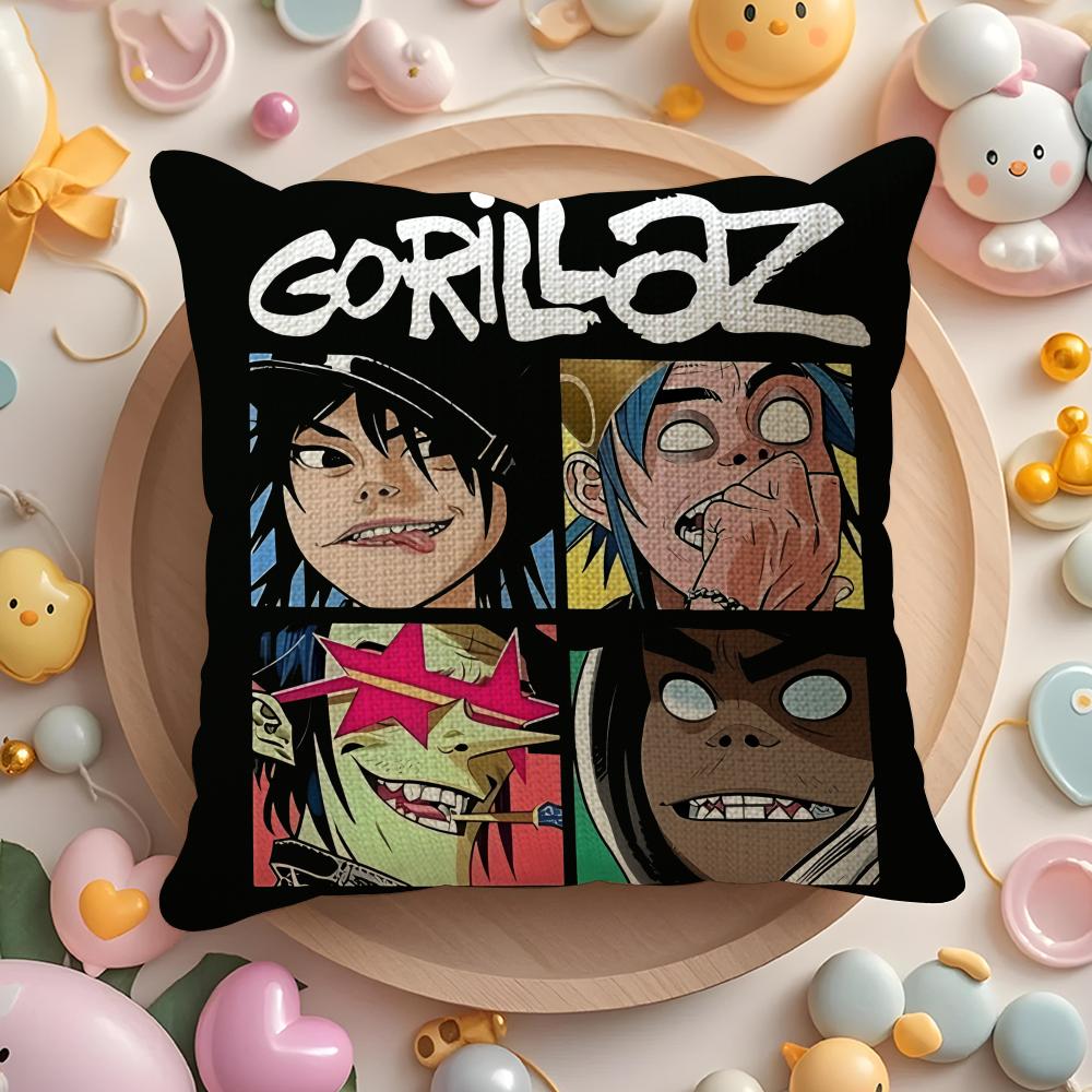 G-Gorillazs Hip Hop Anime Cushion Cover Natural Linen Organic Fabric Double-Sided Printing Sofa Home Decor Gift Pillow Cover
