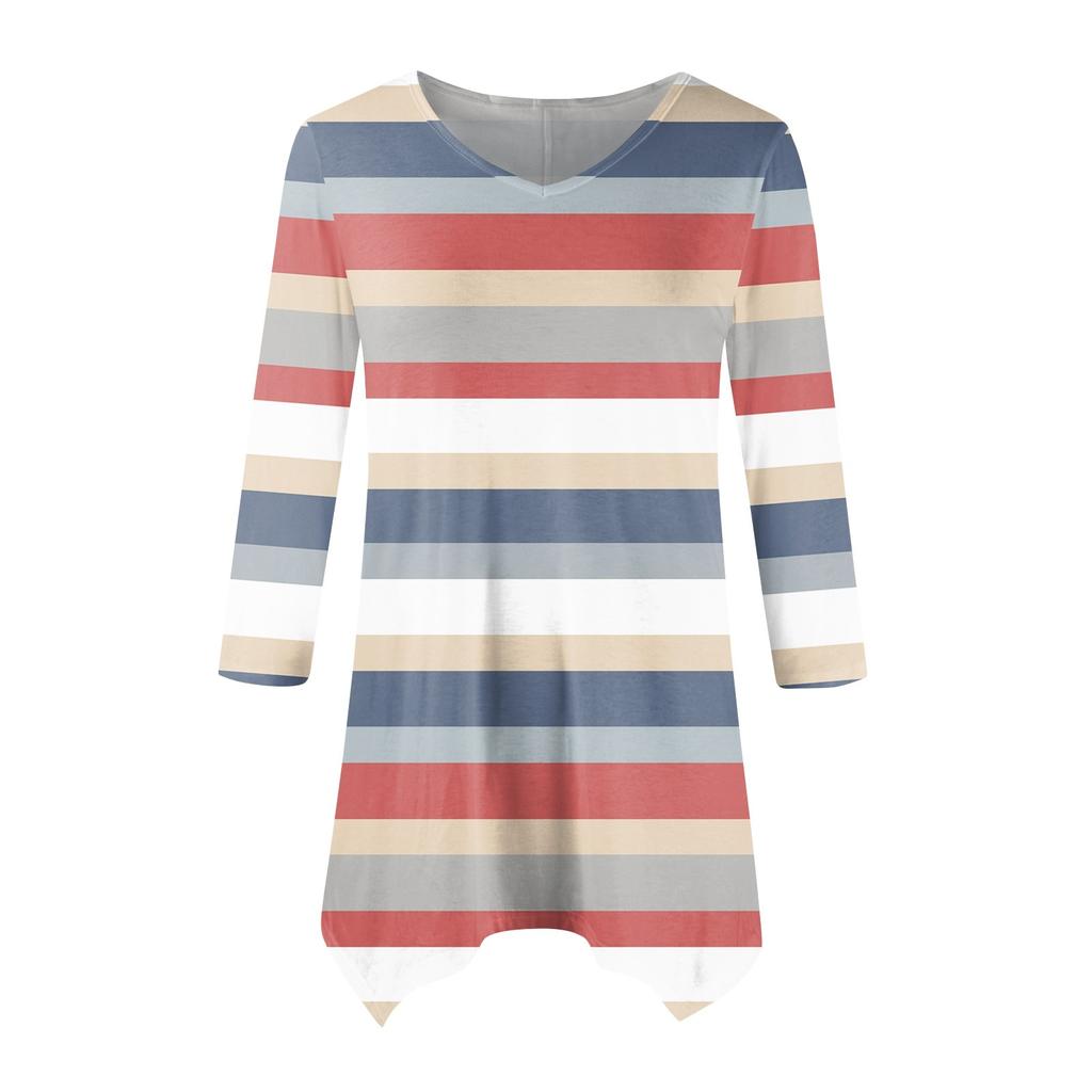 Women's Fashion Casual V-neck Striped Printed Seven-point Sleeve Shirt Belted Loose Comfortable Top