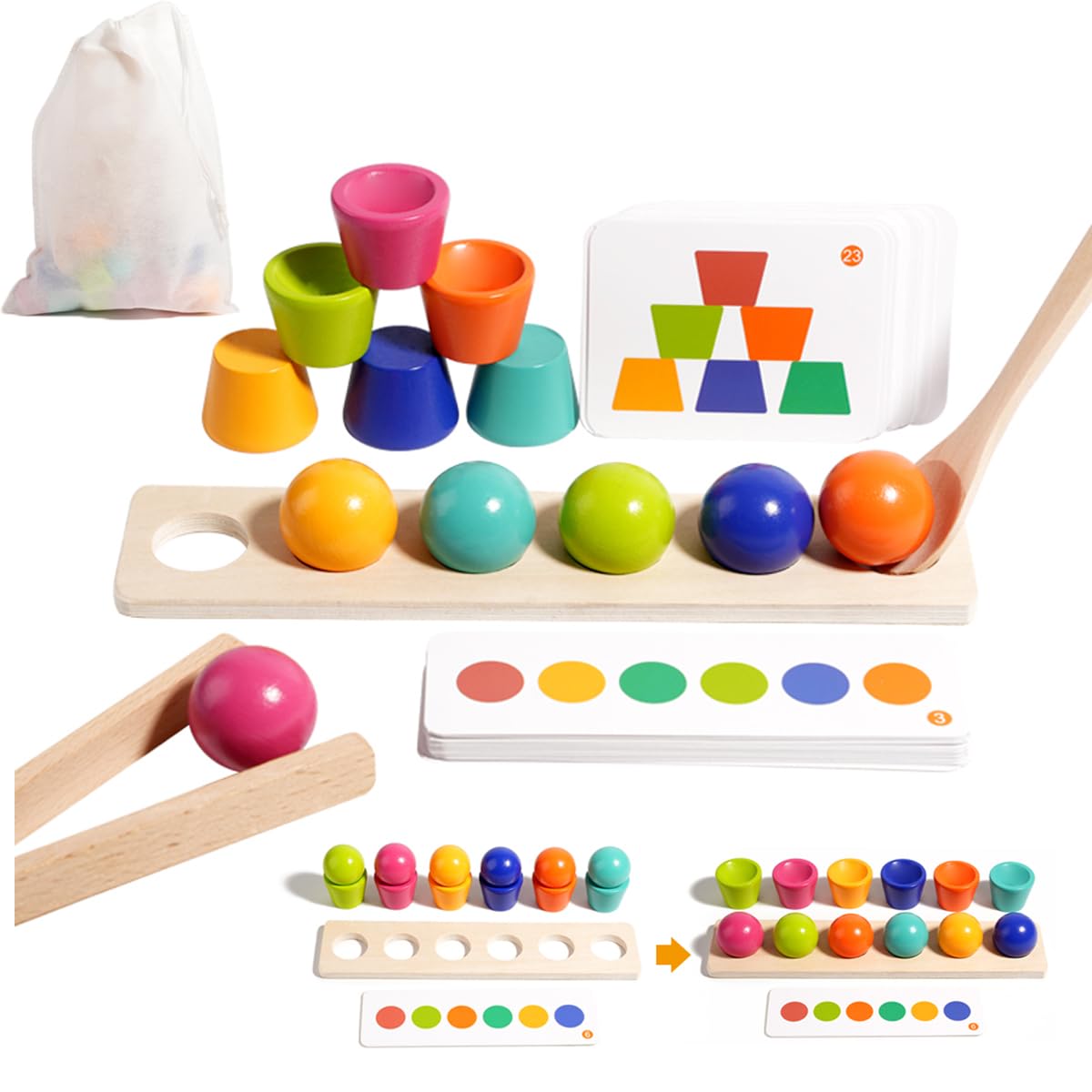 

3-in-1 Montessori Educational Toy for Ages 3, 4, and 5: Early Development, Color Matching, Fine Motor Skills Training, Tongs, Spoon Practice, Cup Bala