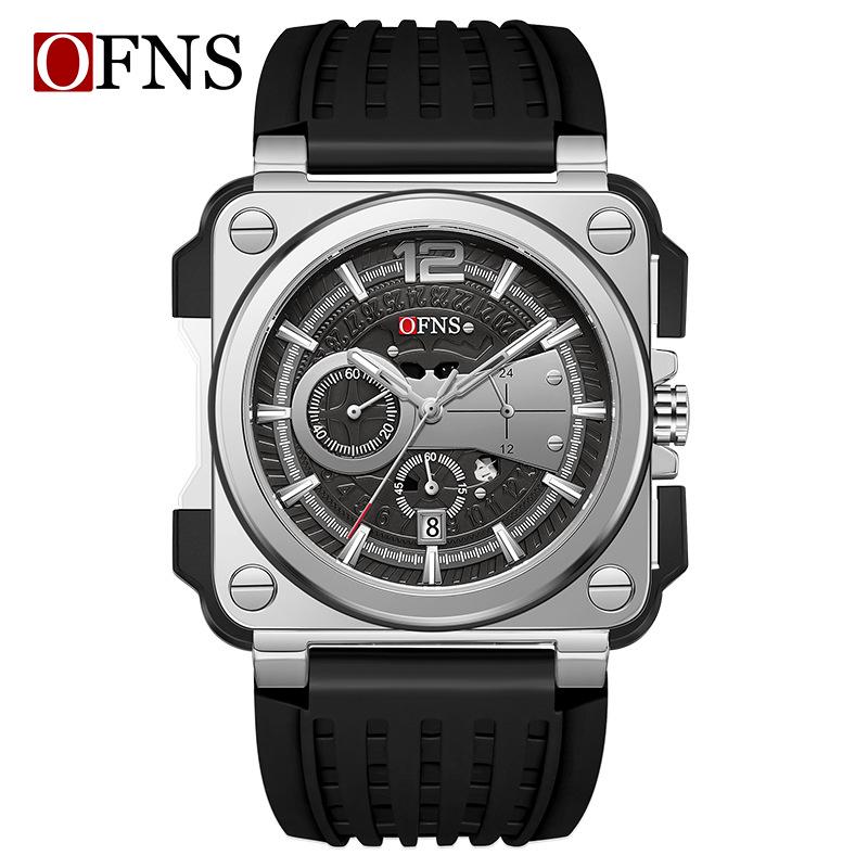 OFNS Herren Mode Quadratische Chronograph Quarz Uhr mit Kalender, Wasserbeständig und Einfache Strichindizes
