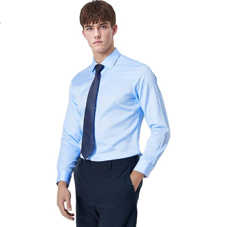 FIRS 200-count Satin DP Non-Iron Men's Long Sleeve Business Formal Pure Cotton High-End Shirt Light Sky Blue 41