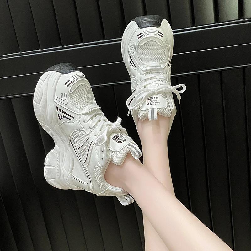Fashion New Spring Women Breathable Mesh Chunky Sneakers 10CM High Platform Casual Shoes Lace-up Summer Sports Leather Shoes Woman 2024
