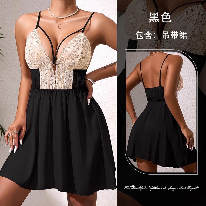 European and American sexy deep V lace satin perspective suspender skirt sexy nightdress women s loungewear S