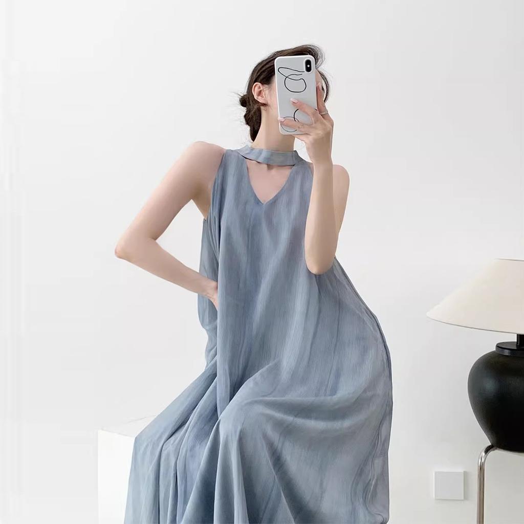 New Lazy Wind French Blue Sleeveless Suspender Dress Children's Summer Seaside Vacation Fairy Dress