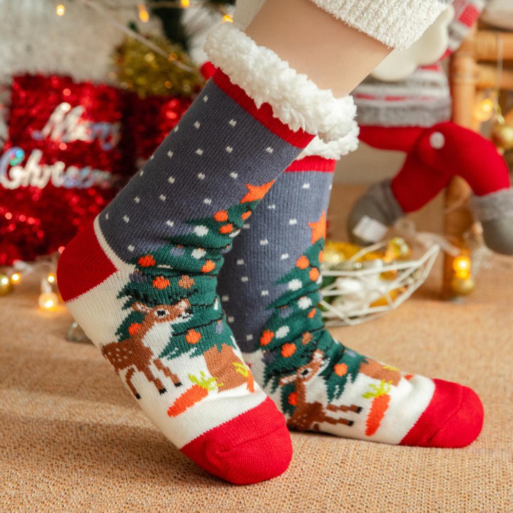 Winter Christmas Themed Women Lamb Fleece Floor Socks, Adult Non-Slip Indoor Snow Socks for Home Carpet