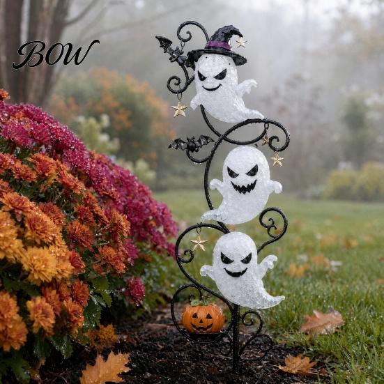 Wrought Iron Ghost Yard Stake Halloween Garden LED Light, Waterproof Ground Decorative Stakes for Lamp, Outdoor Lawn Path Decoration Holiday