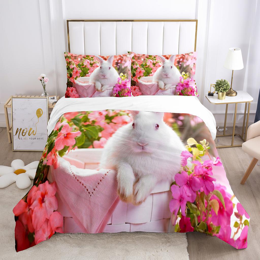 Rabbit Comforter Duvet Cover Set Lovely Little Rabbit Decor Bedding Set For Kid Girl Polyester Animal Theme King Comforter Cover