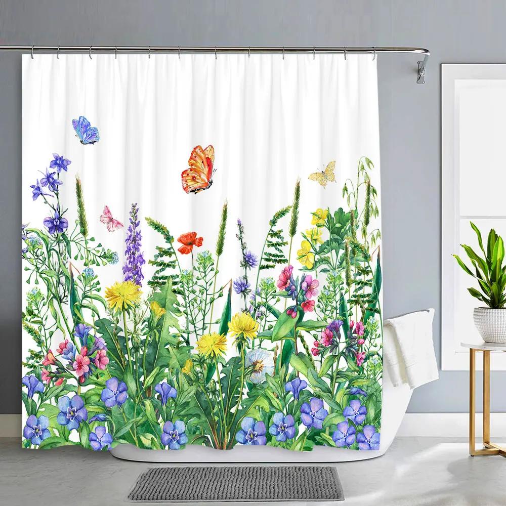 Spring Floral Hummingbird Shower Curtain for Bathroom Watercolor Flower Bird Modern Decor Machine Shower Curtains Bathroom Decor