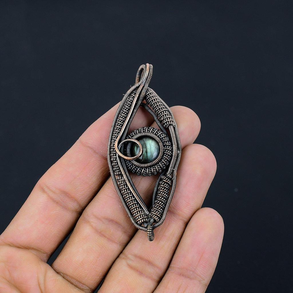 Labradorite Pendant, Handmade Gemstone 999 Copper Wire Wrapped Eye Pendant Antique Jewelry, For Gift Silver Jewelry