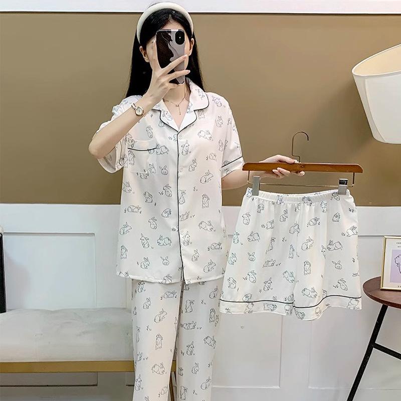 Spring And Summer Simple Wind Ice Silk Three-Piece Set Short-Sleeved Pajamas Women'S Bunny Printed Loungewear Set