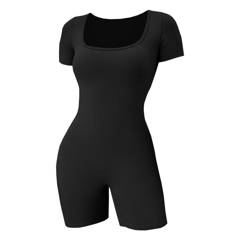 

Fashion Square Collar Sports Tight Jumpsuit Women s Gym Running Training Wait Lifting Jumpsuit Quick Drying Clothes Short Sleeve Black S