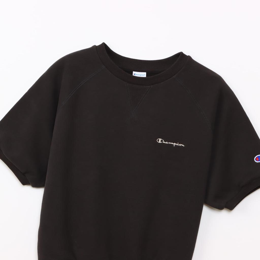 Champion Basic Cotton USA Short Sleeve Sweatshirt In Off Featuring a Crew Fleece and a Logo Women's (CW-B005) Black, Neck, Lining, One-point