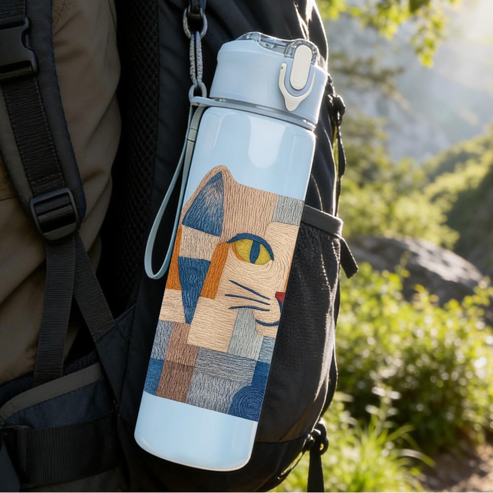 1PC Patchwork Colorful Cat Face Print 750ml Color Plastic Sports Water Bottle Leakproof Flip Straw Lid Suitable for Sports Office Home Use