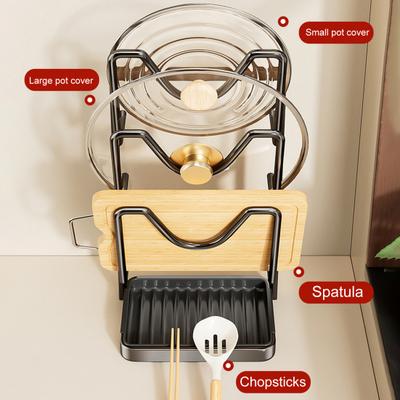 Kitchen Pot Lid Storage Rack Carbon Steel Pot Lid Holder While Cooking Pot Lid Stand with Spoon Rest Removable Drip Tray for Countertop Pan Lid