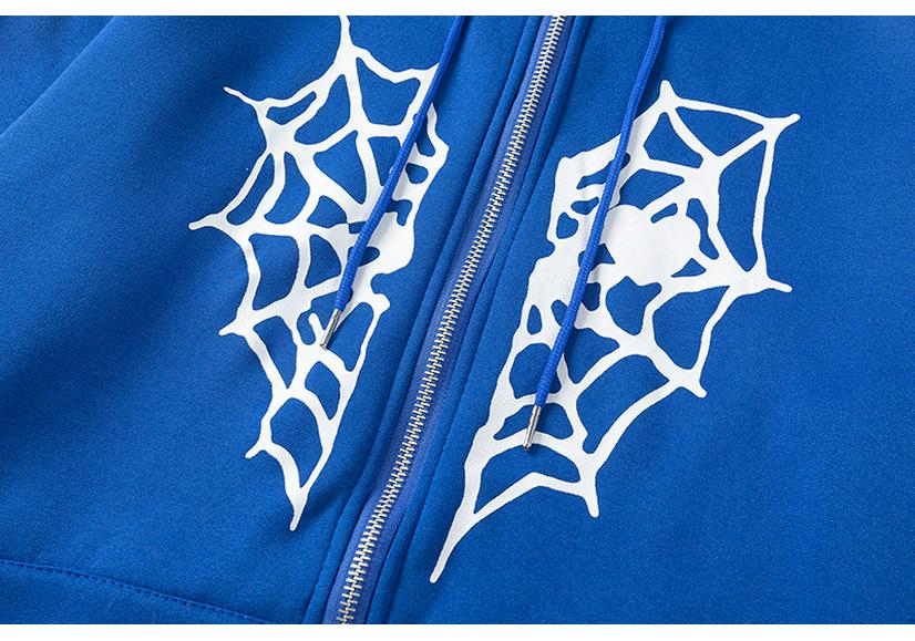 Cross-border Spider Web Heart Print Fleece-Lined Hooded Cardigan