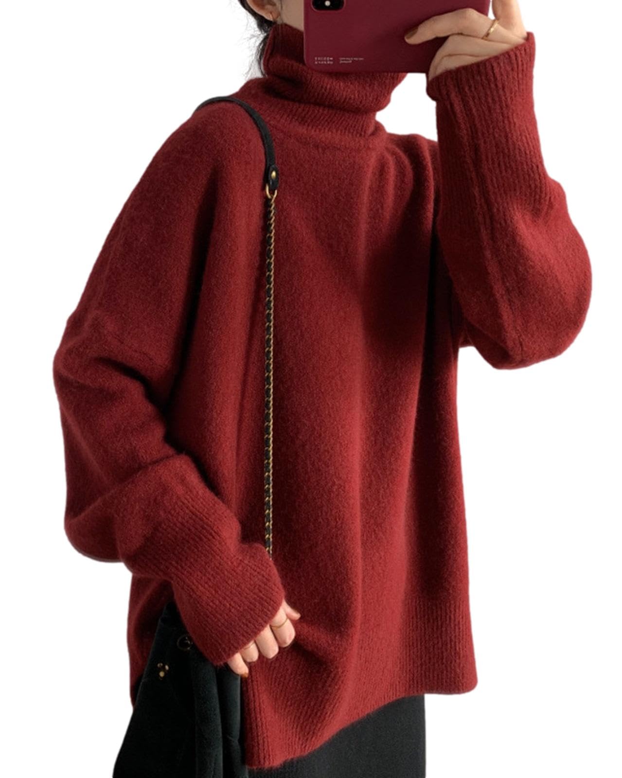 Maison de TAO Теплый вязаный свитер Размер женский С высоким горлом (Красный, XL)