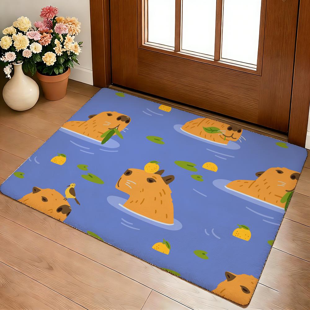Cute Capybara Pattern Floor Mat Cozy Flannel Soft Thick Non-Slip Mat For Living Room Bedroom Kitchen Decor Rugs