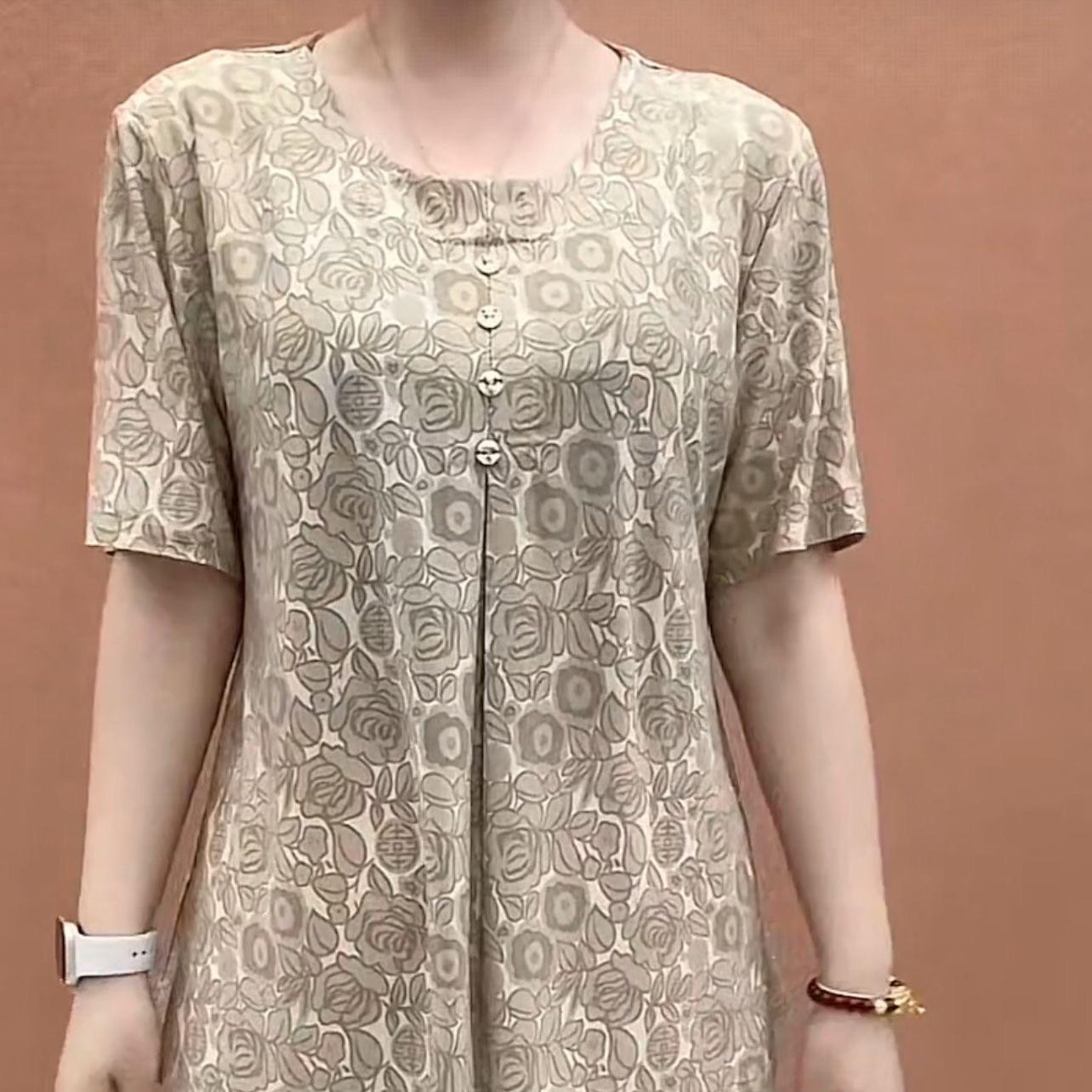 

Stylish Mid-Sleeve Jacquard Round Neck T-shirt for Plus Size Middle-Aged & Elderly Mothers 5XL (145-160 kg) бежевий
