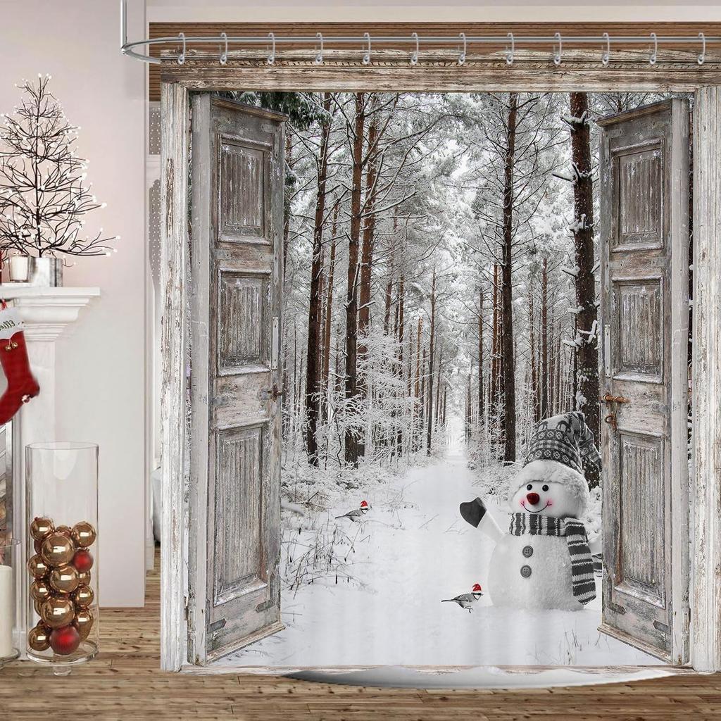 Winter Weihnachten Duschvorhang, Niedlicher Schneemann Winterwald Kiefer Szene Duschvorhang Für Badezimmer Rustikales Bauernhaus Weihnachten