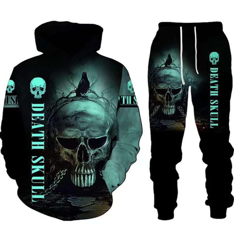 Hot Sale, Stylish 3D Skull Print Punk Sportswear, Pants Hoodie Couple Suit Street Trend