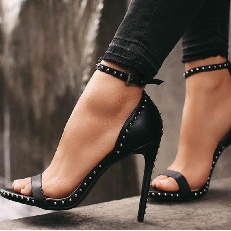 Fashion Women Sandals High Heels 2025 Summer Thin Heel PU Leather Rivet Peep Toe Sexy Party Shoes Sandalia Feminina Zapatos Mujer