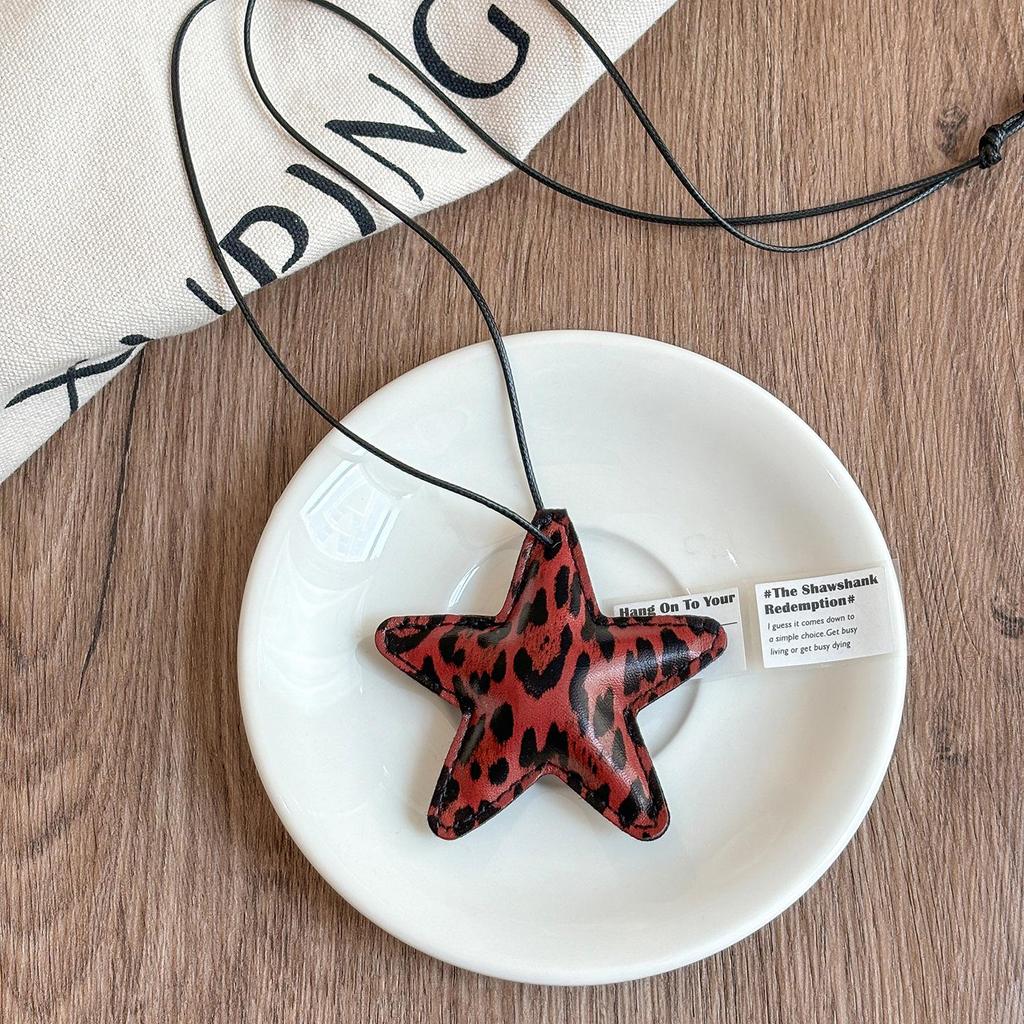 Leopard Print Leather Star & Heart Pendant Necklace - Fashionable, Casual, Versatile Sweater Chain Jewelry